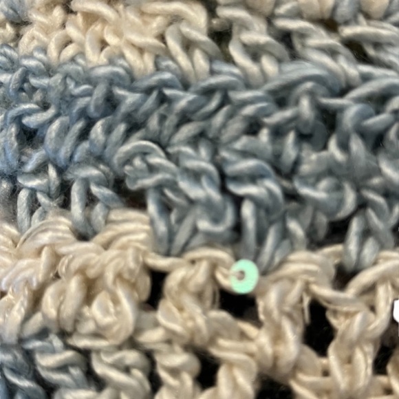 HAND Crocheted Cream & Light Blue Loose Weave Pinkish Subtly Sequined Scarf - Picture 4 of 7